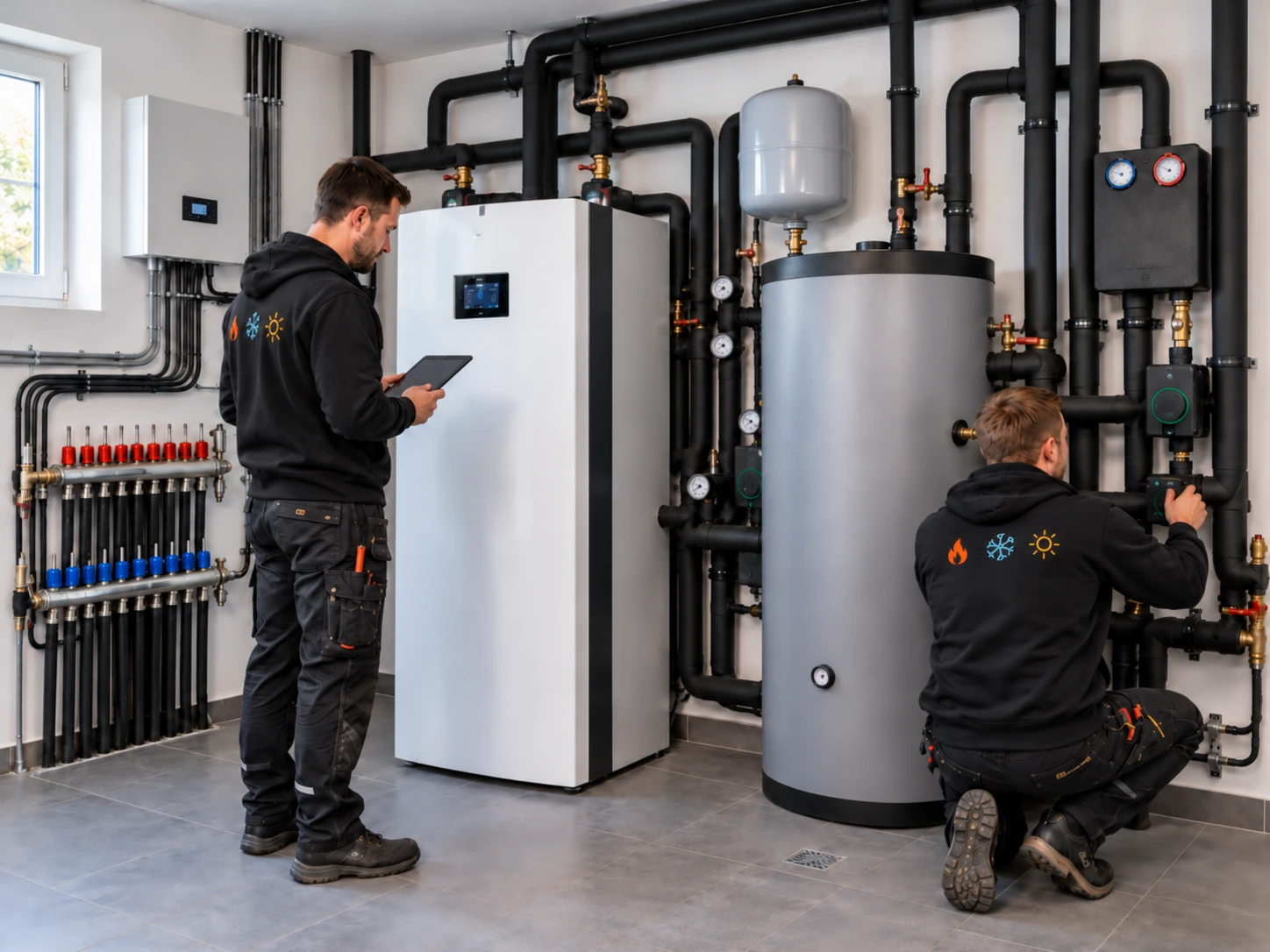 Twee techniekers controleren een warmtepomp en de leidingen in een technische ruimte