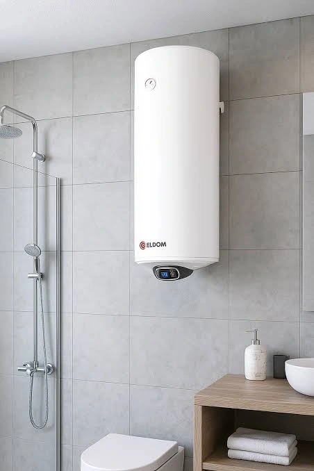 Witte elektrische boiler aan de muur in een betegelde badkamer