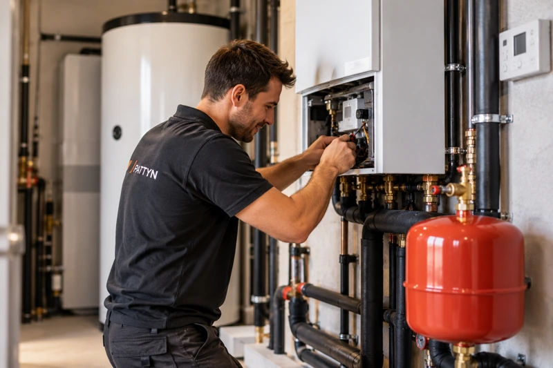 Monteur werkt aan een verwarmingsinstallatie met ketel, warmwatervat en leidingen