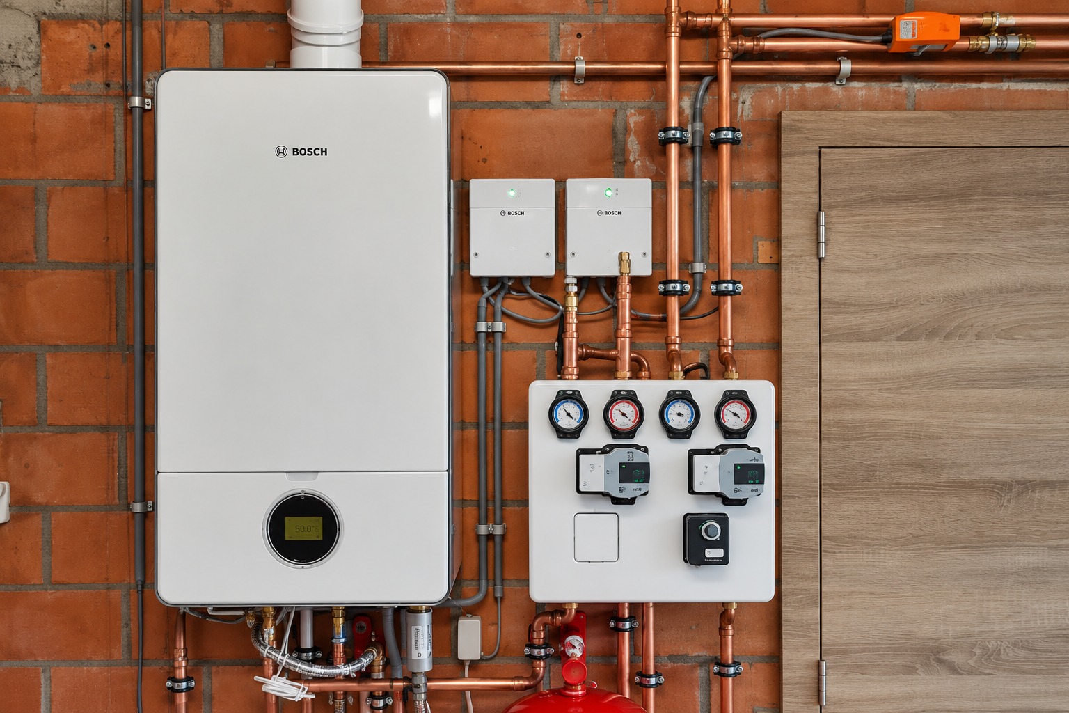 Bosch condensatieketel met koperen aansluitingen, regeling en verwarmingscircuits