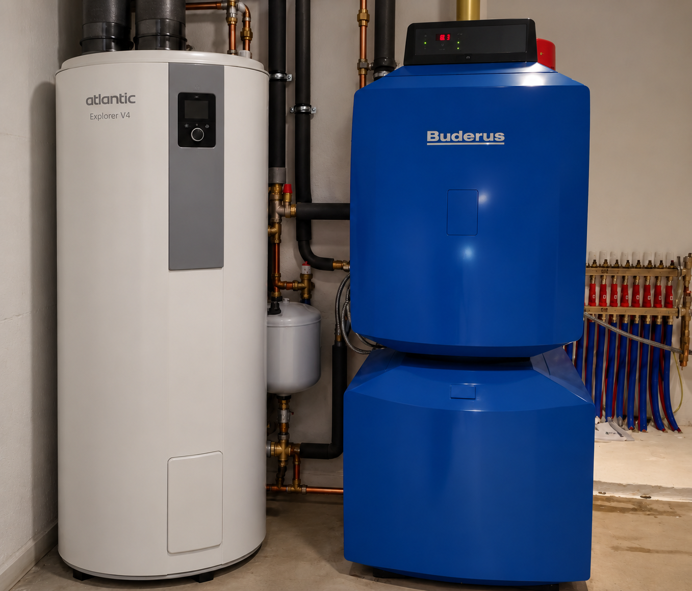 Nieuwe stookolieketel met een afzonderlijke warmtepompboiler voor sanitair warm water
