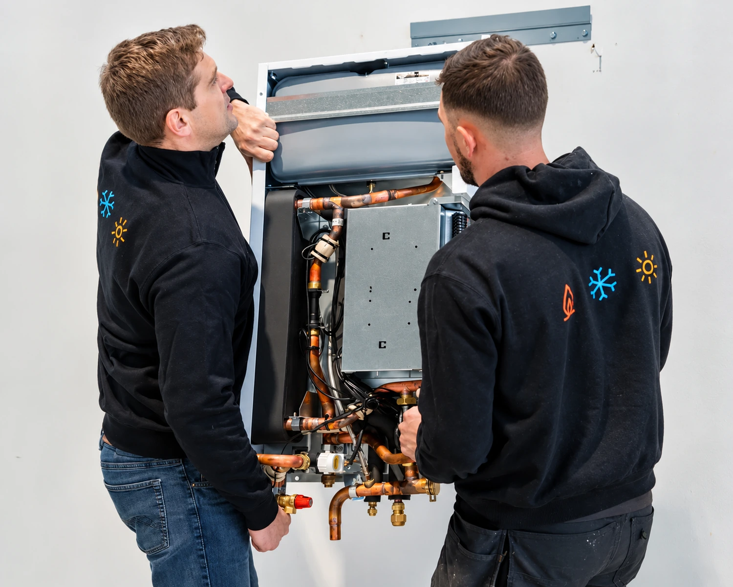 Twee techniekers van Pattyn tijdens de installatie van een hybride warmtepomp