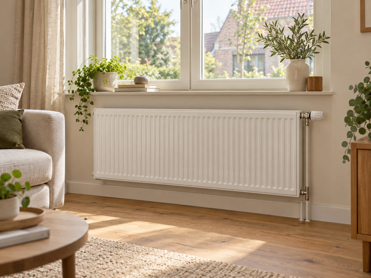 Illustratief interieurbeeld van een witte radiator onder het raam in een warme, stijlvolle woonkamer