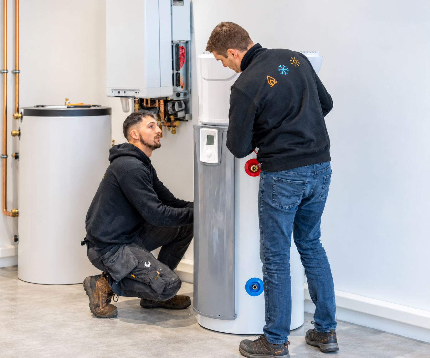 Twee techniekers bij een moderne warmtepompinstallatie