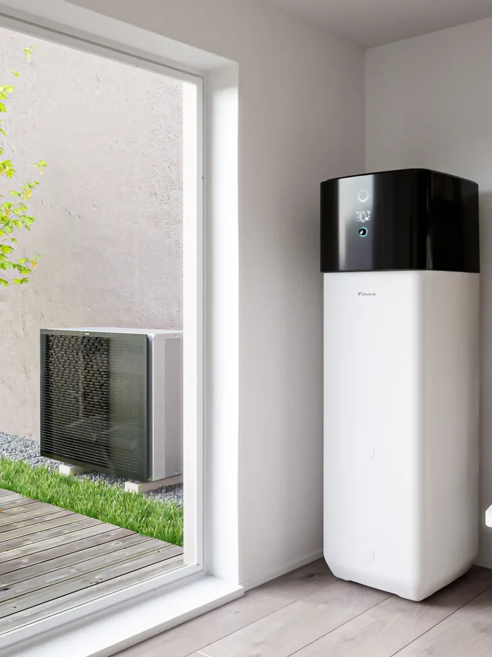 Binnenmodule en buitenunit van een Daikin Altherma lucht-waterwarmtepomp, fabrikantvoorbeeld