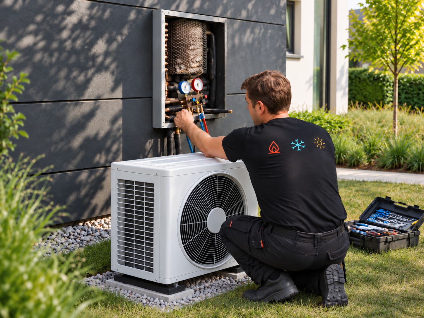 Technieker van Pattyn onderhoudt een warmtepomp in een tuin